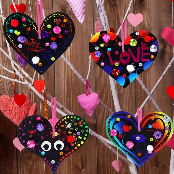 27 Sets Magic Color Scratch Paper Heart Ornaments Bookmarks Valentine Craft Kits - Picture 2 of 9